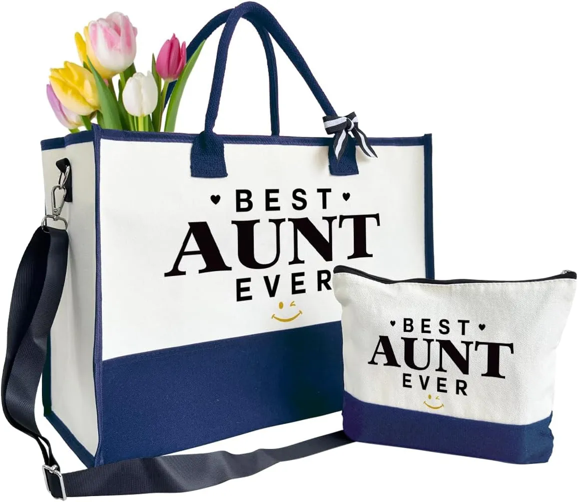 Best Aunt Ever Tote Bag Gifts, Canvas Tote Bag for Women, Aunt Gifts, Cosmetic Bag, Beach Bag and Makeup bag, Travel Bag Gifts for Aunt, Canvas Tote Bag With Zipper, Mothers Day Christmas Gifts A1