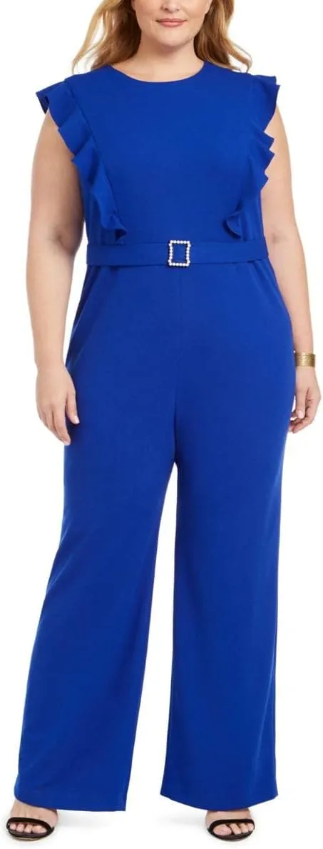 Betsey Johnson Womens Plus Ruffled Belted Jumpsuit Blue 22W