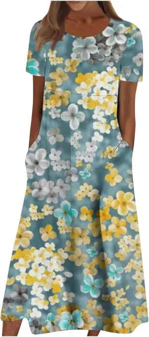 Bohemian Summer Midi Cover Up Women Short Sleeve Prom Graphic Cotton Crewneck Pocket Loose Fit Soft Pullover.