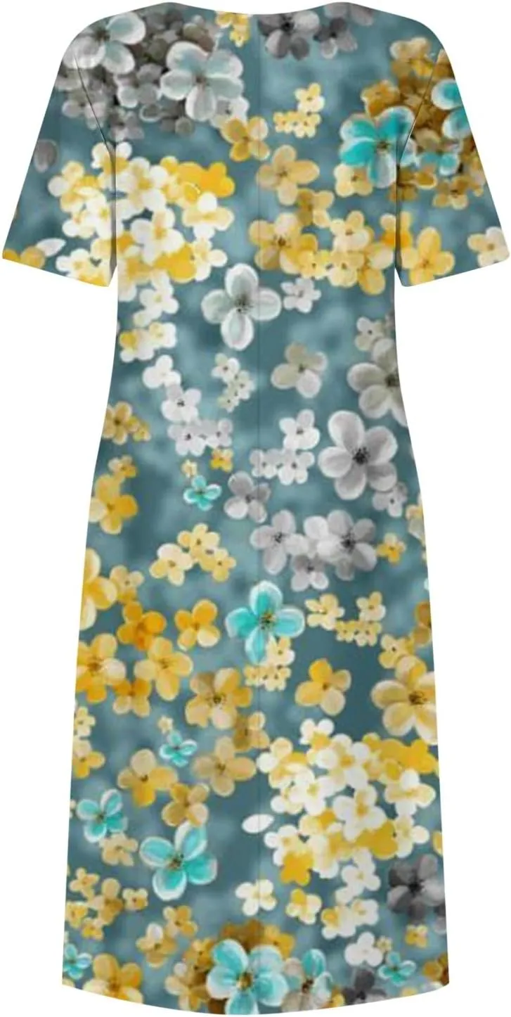 Bohemian Summer Midi Cover Up Women Short Sleeve Prom Graphic Cotton Crewneck Pocket Loose Fit Soft Pullover.