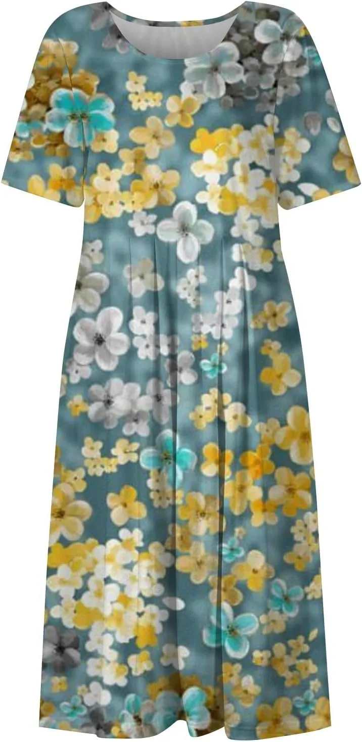 Bohemian Summer Midi Cover Up Women Short Sleeve Prom Graphic Cotton Crewneck Pocket Loose Fit Soft Pullover.