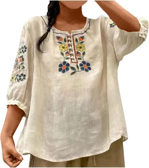 Boho Cute Cotton Linen Shirts Women Retro Embroidered Floral 3/4 Sleeve Tops Dressy Casual Loose Henley Neck Blouses