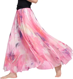 Boho Long Skirts for Women Summer Chiffon Floral Maxi Skirt Flowy High Waist A Line Pleated Skirts Cute Bohemian Beach Dress
