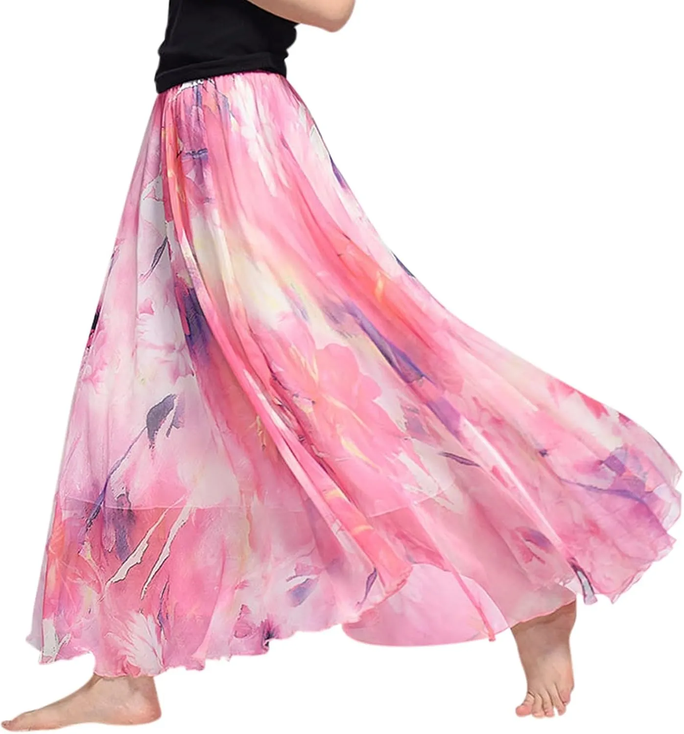 Boho Long Skirts for Women Summer Chiffon Floral Maxi Skirt Flowy High Waist A Line Pleated Skirts Cute Bohemian Beach Dress