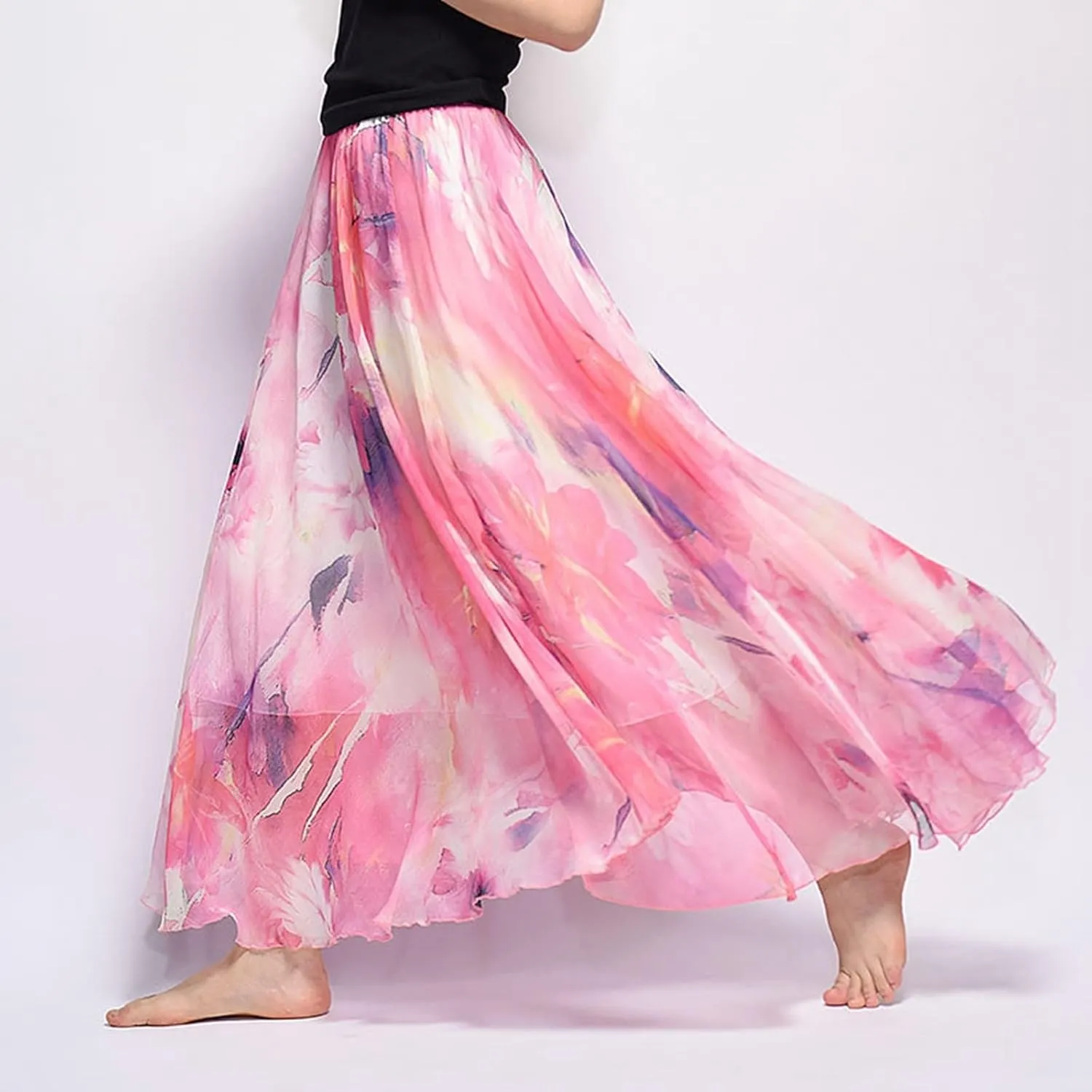 Boho Long Skirts for Women Summer Chiffon Floral Maxi Skirt Flowy High Waist A Line Pleated Skirts Cute Bohemian Beach Dress