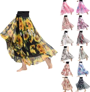 Boho Long Skirts for Women Summer Chiffon Floral Maxi Skirt Flowy High Waist A Line Pleated Skirts Cute Bohemian Beach Dress