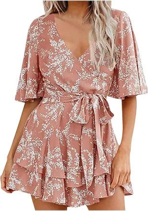Boho Vacation Dresses for Women Summer 2024 Cocktail Casual Short Sleeve Wrap V Neck Tie Waisted Ruffle Layered Mini Dresses