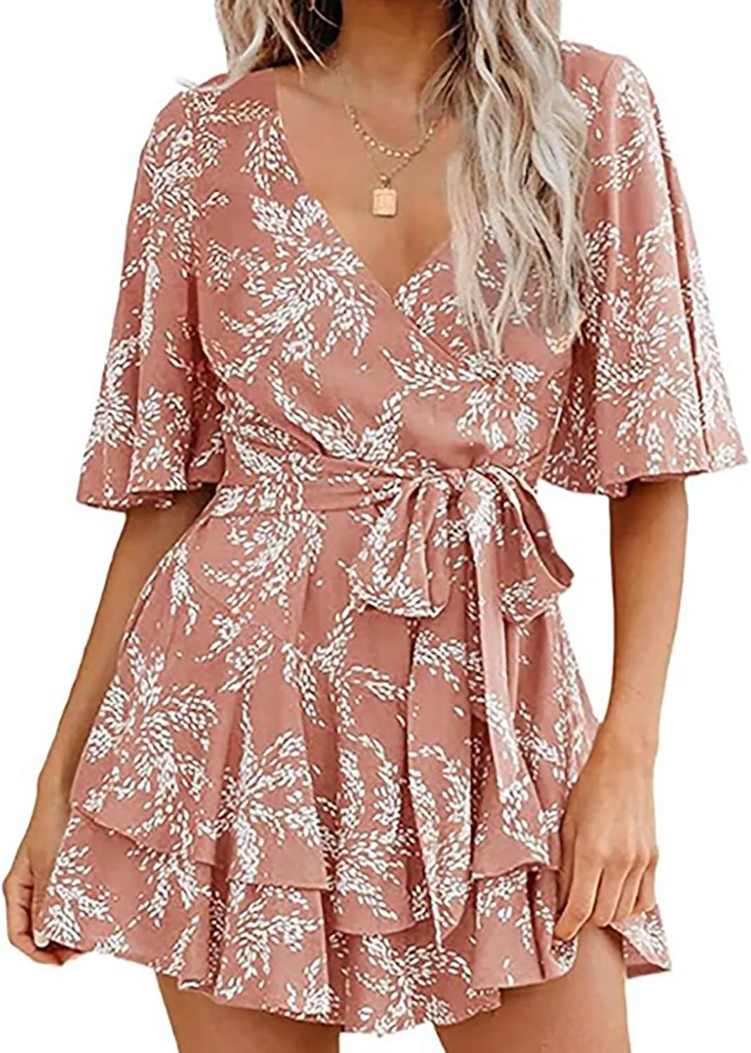 Boho Vacation Dresses for Women Summer 2024 Cocktail Casual Short Sleeve Wrap V Neck Tie Waisted Ruffle Layered Mini Dresses