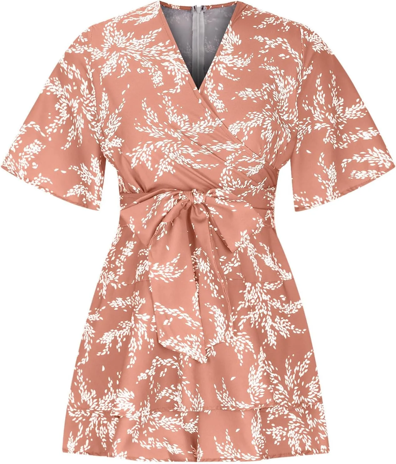 Boho Vacation Dresses for Women Summer 2024 Cocktail Casual Short Sleeve Wrap V Neck Tie Waisted Ruffle Layered Mini Dresses