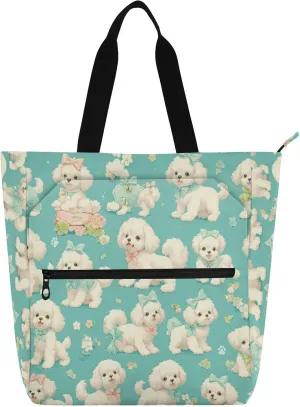 Book Bag Art Tote Bag for Boys Girls Women, Cartoon Puppy Dog Sea Blue Sturdy Reusable Grocery Bag with Zipper Pockets for School Shopping Travel