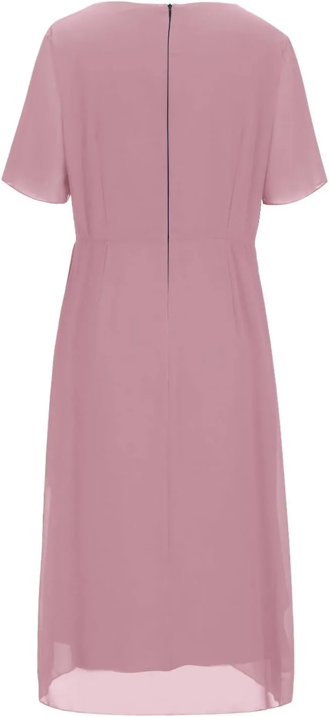 Bridesmaid Evening Dress Womens Elegant Chiffon Mesh Patchwork Short Sleeve Waist Irregular Hem Cocktail Party Gown
