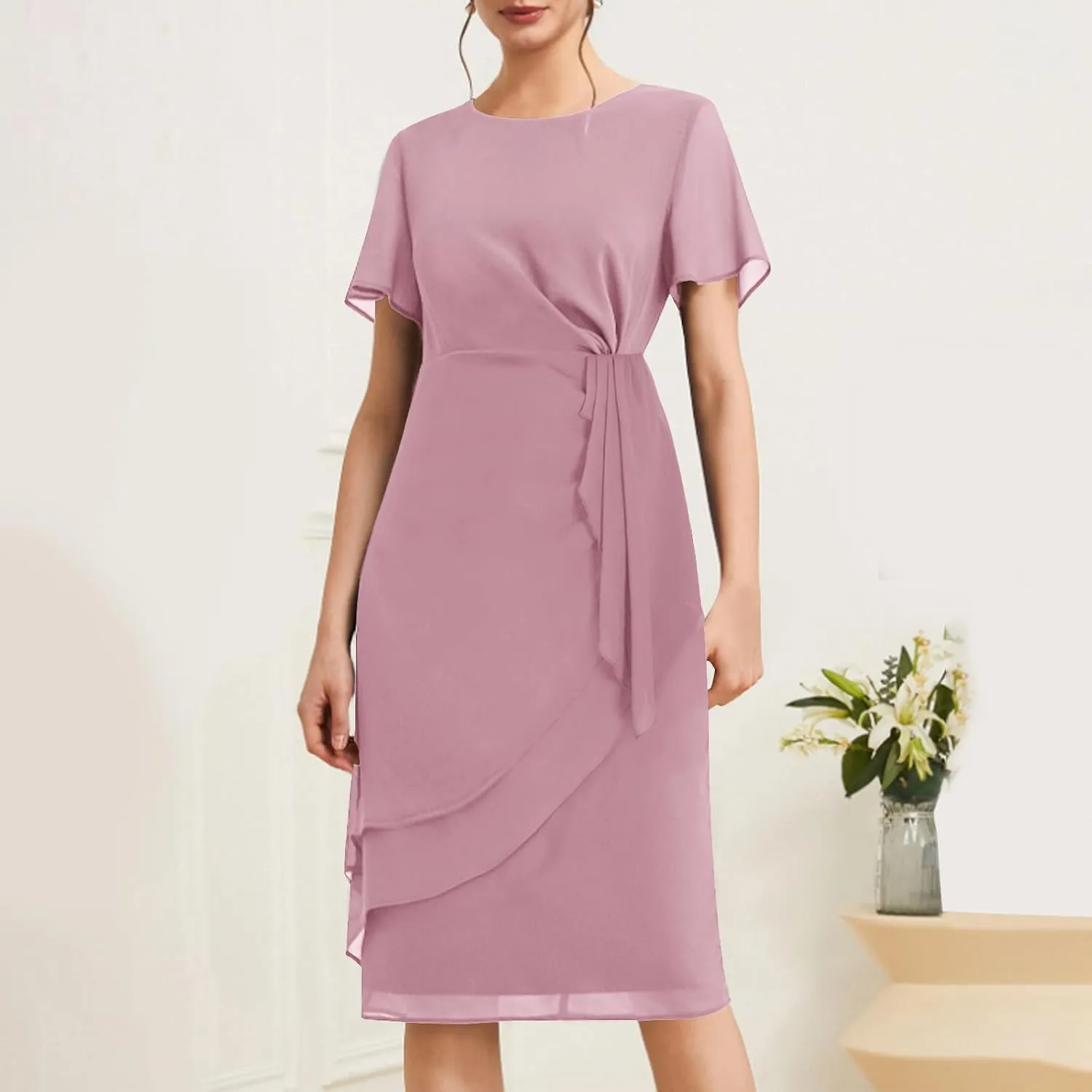 Bridesmaid Evening Dress Womens Elegant Chiffon Mesh Patchwork Short Sleeve Waist Irregular Hem Cocktail Party Gown