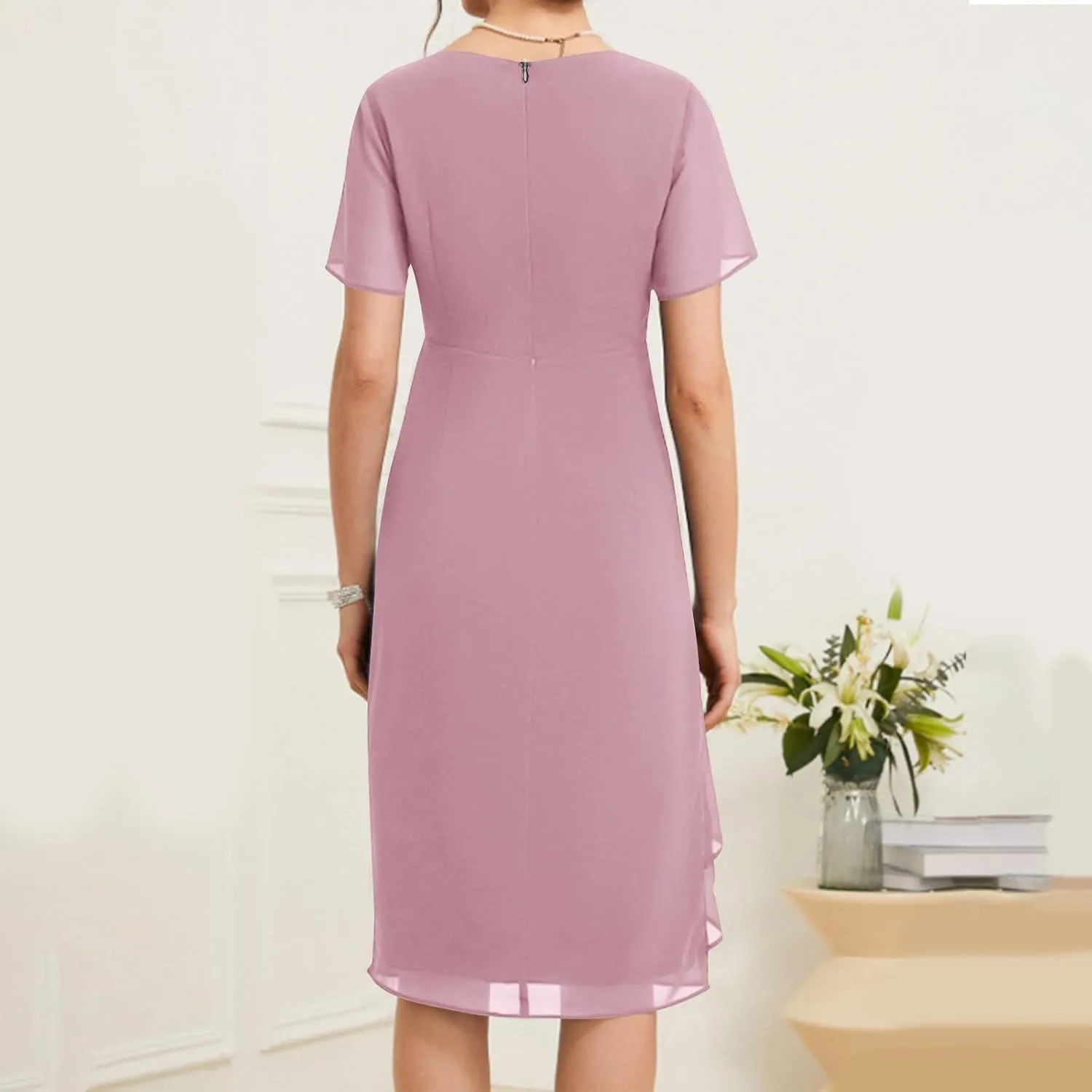Bridesmaid Evening Dress Womens Elegant Chiffon Mesh Patchwork Short Sleeve Waist Irregular Hem Cocktail Party Gown