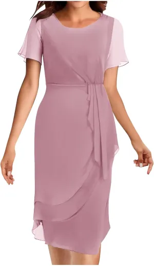 Bridesmaid Evening Dress Womens Elegant Chiffon Mesh Patchwork Short Sleeve Waist Irregular Hem Cocktail Party Gown