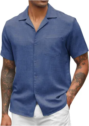 Button Down Short Sleeve Shirt for Men Casual Collared Linen Shirts Textured Shirts Vacation Beach Shirts