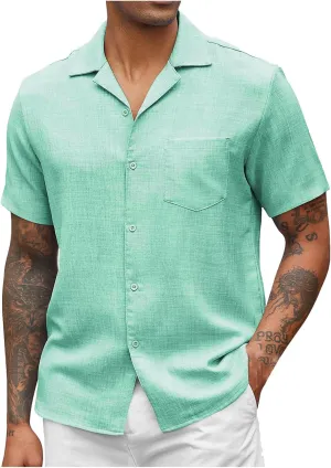 Button Down Short Sleeve Shirt for Men Casual Collared Linen Shirts Textured Shirts Vacation Beach Shirts