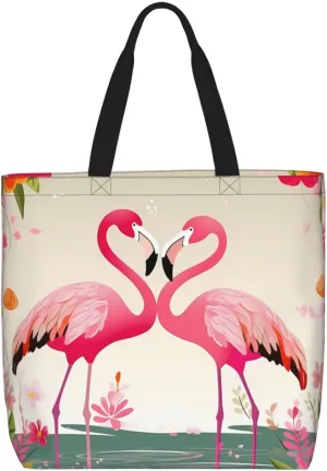 Canvas Tote Bag for Women Shoulder Tote Purse Reusable Grocery Bag Flamingos and Flowers Aesthetic Shopping Bags
