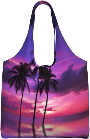 Canvas Tote Bag for Women Shoulder Tote Purse Reusable Grocery Bag Palm Tree Purple Sunset Aesthetic Shopping Bags