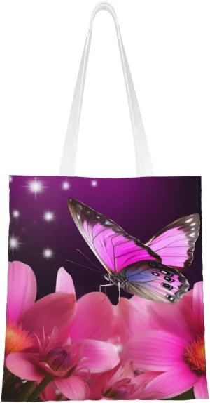 Canvas Tote Bag for Women Shoulder Tote Purse Reusable Grocery Bag Pink Flower and Butterfly Aesthetic Shopping Bags