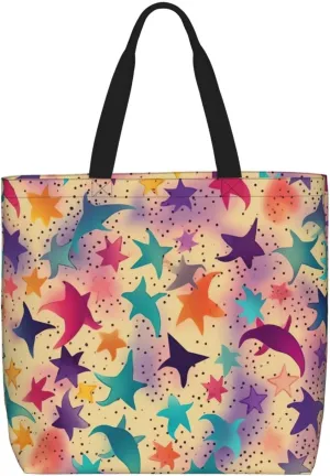 Canvas Tote Bag for Women Shoulder Tote Purse Reusable Grocery Bag Rainbow colored stars Aesthetic Shopping Bags