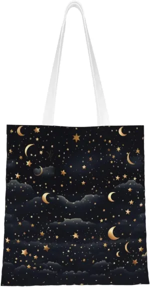 Canvas Tote Bag for Women Shoulder Tote Purse Reusable Grocery Bag Stars and Moon Aesthetic Shopping Bags