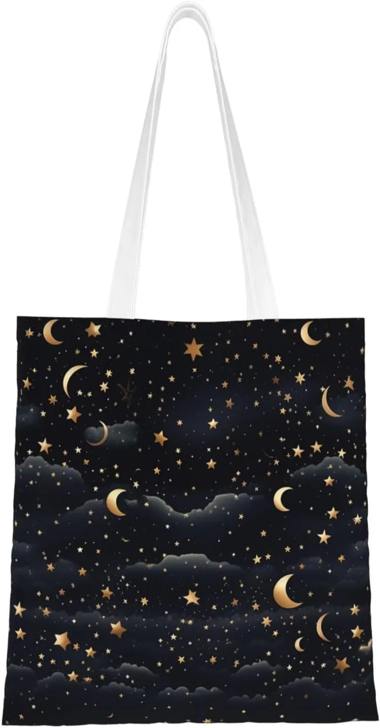 Canvas Tote Bag for Women Shoulder Tote Purse Reusable Grocery Bag Stars and Moon Aesthetic Shopping Bags