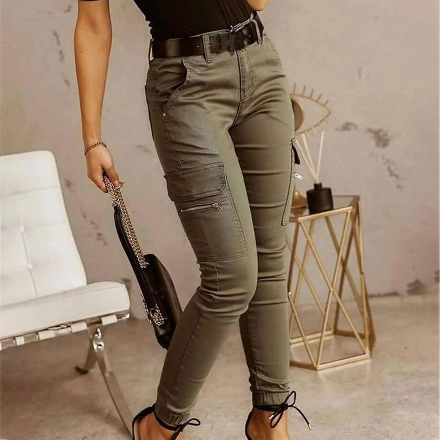 Cargo Leggings with Pockets for Women Casual Skinny Pockets High Waist Pants Stretch Bound Feet Ripstop Cargo Trouser