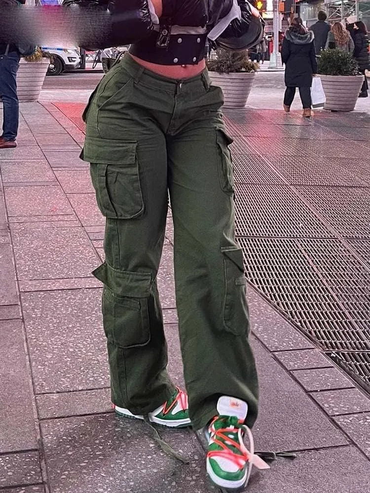 Cargo Pants Army Green Loose Jeans Women's Street Wear Vintage Denim Trousers Casual High Waist Straight Pocket