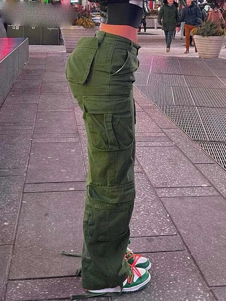 Cargo Pants Army Green Loose Jeans Women's Street Wear Vintage Denim Trousers Casual High Waist Straight Pocket