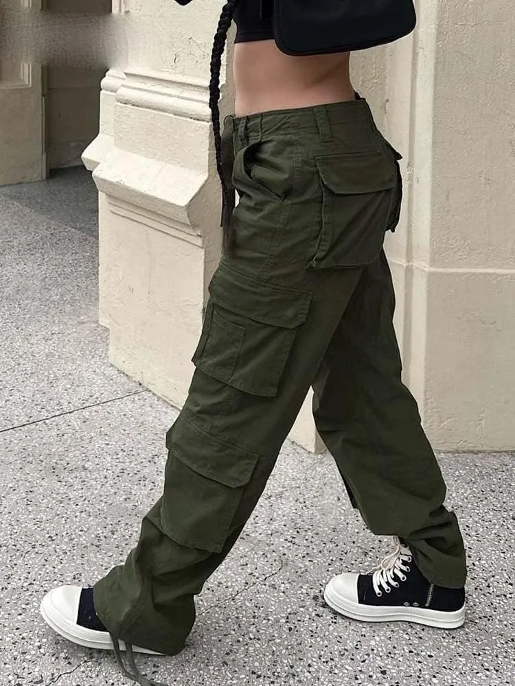 Cargo Pants Army Green Loose Jeans Women's Street Wear Vintage Denim Trousers Casual High Waist Straight Pocket