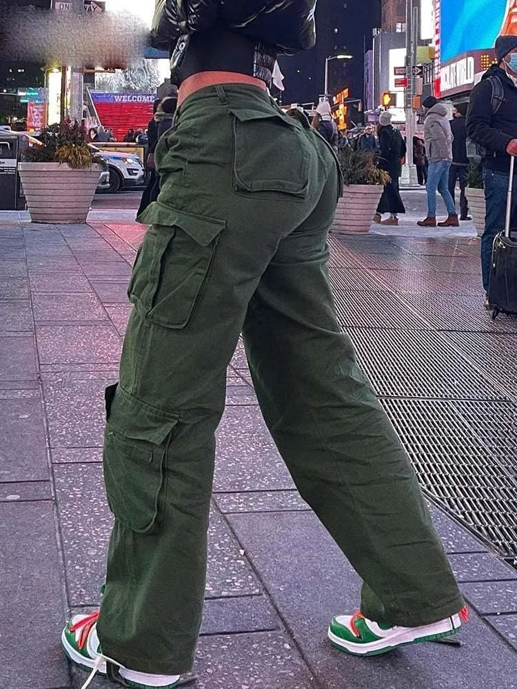 Cargo Pants Army Green Loose Jeans Women's Street Wear Vintage Denim Trousers Casual High Waist Straight Pocket