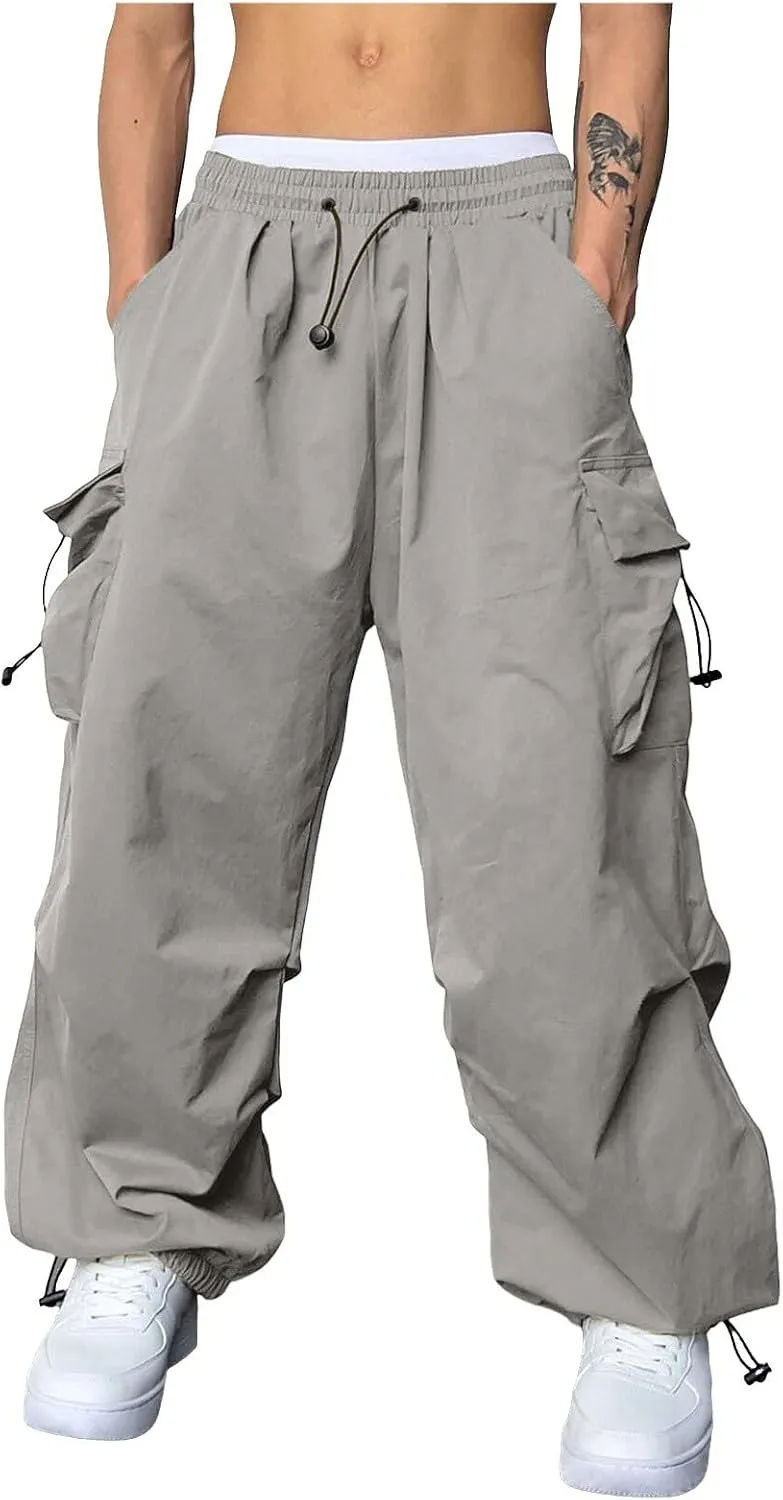Cargo Pants Men Loose Fit Wide Leg Casual Joggers Elastic Waist Drawstring Outdoor Pants with Pockets