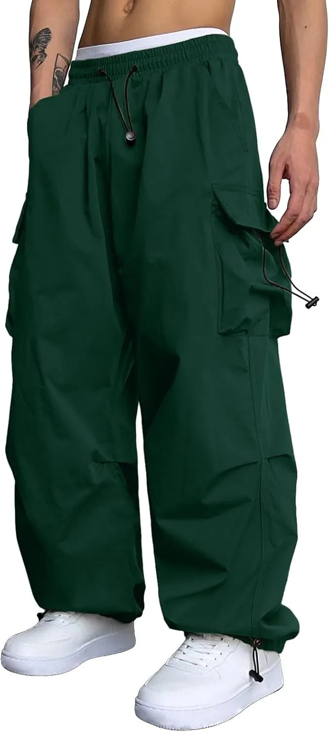 Cargo Pants Men Loose Fit Wide Leg Casual Joggers Elastic Waist Drawstring Outdoor Pants with Pockets