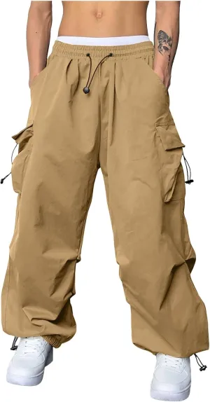Cargo Pants Men Loose Fit Wide Leg Casual Joggers Elastic Waist Drawstring Outdoor Pants with Pockets