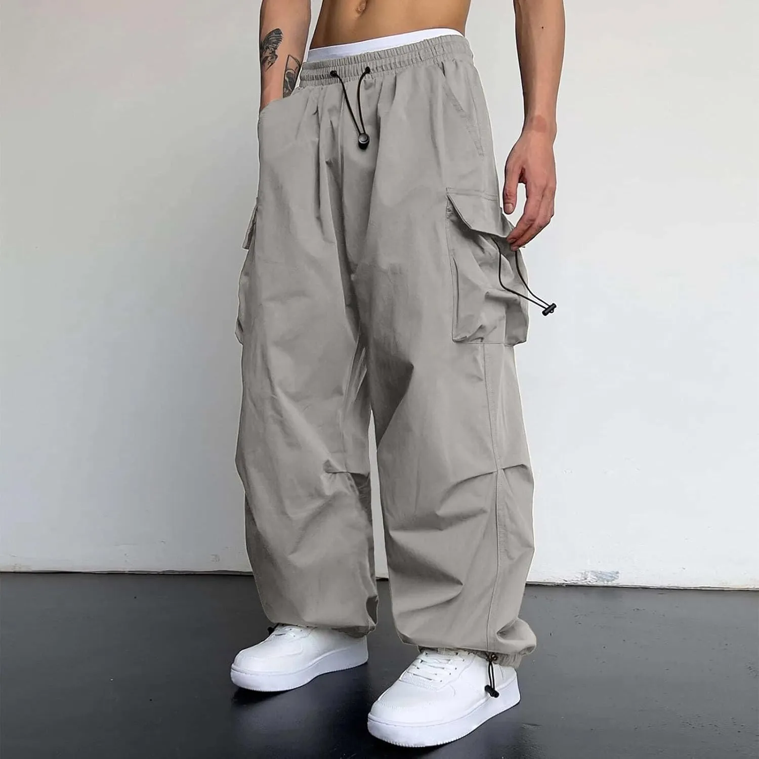 Cargo Pants Men Loose Fit Wide Leg Casual Joggers Elastic Waist Drawstring Outdoor Pants with Pockets