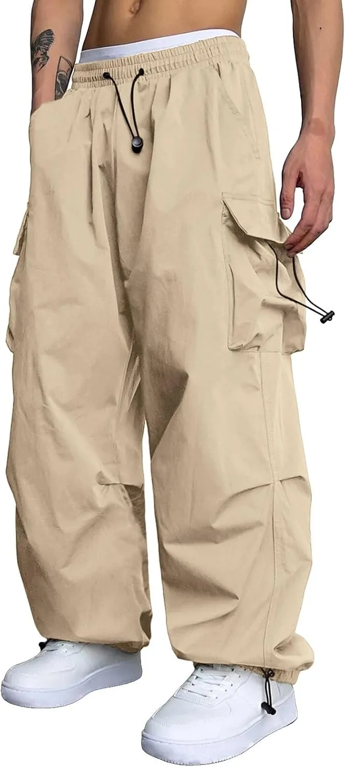 Cargo Pants Men Loose Fit Wide Leg Casual Joggers Elastic Waist Drawstring Outdoor Pants with Pockets