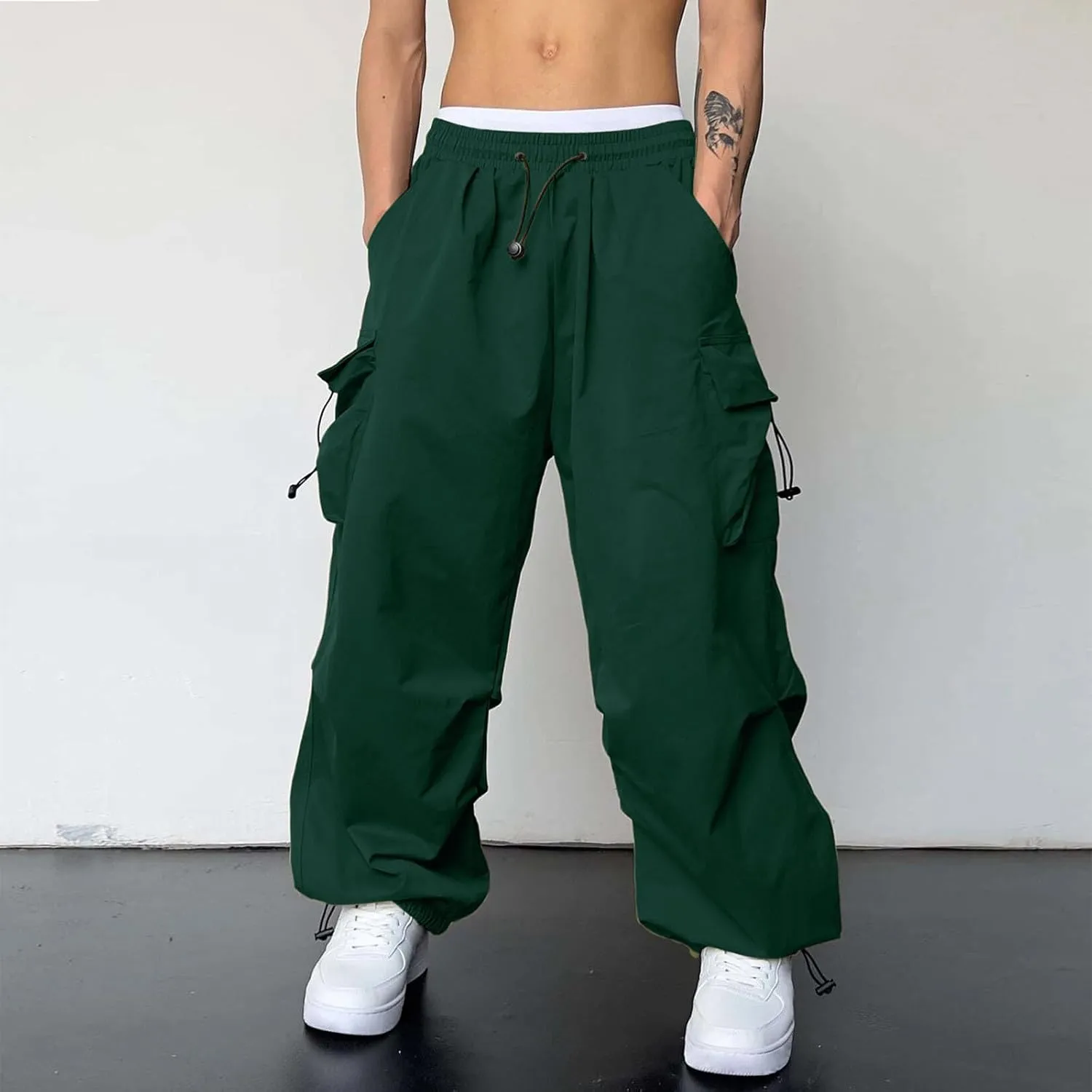 Cargo Pants Men Loose Fit Wide Leg Casual Joggers Elastic Waist Drawstring Outdoor Pants with Pockets