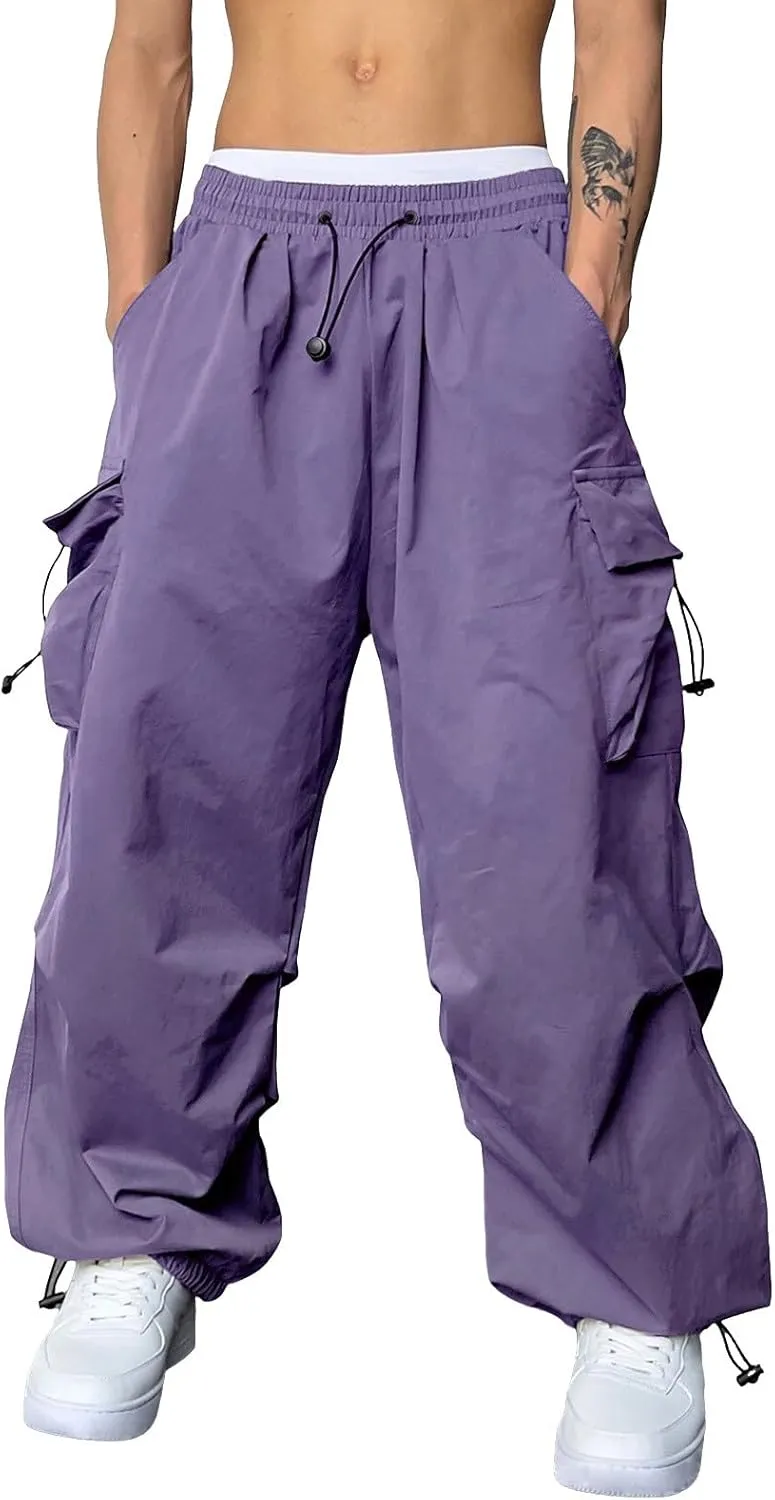 Cargo Pants Men Loose Fit Wide Leg Casual Joggers Elastic Waist Drawstring Outdoor Pants with Pockets