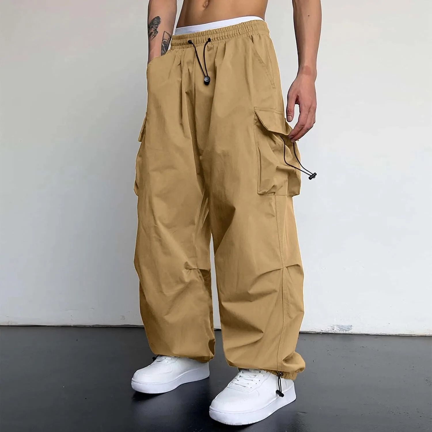 Cargo Pants Men Loose Fit Wide Leg Casual Joggers Elastic Waist Drawstring Outdoor Pants with Pockets