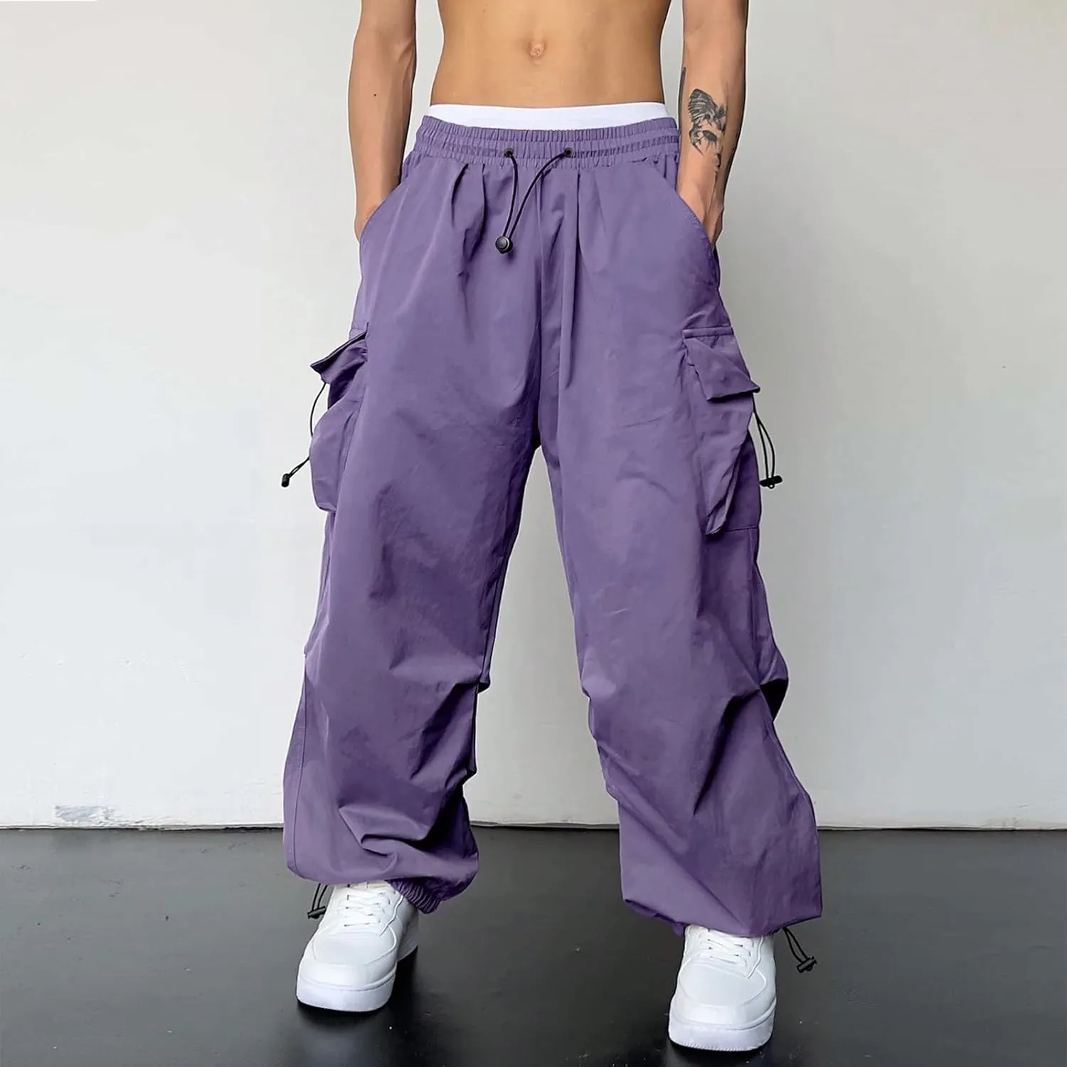 Cargo Pants Men Loose Fit Wide Leg Casual Joggers Elastic Waist Drawstring Outdoor Pants with Pockets
