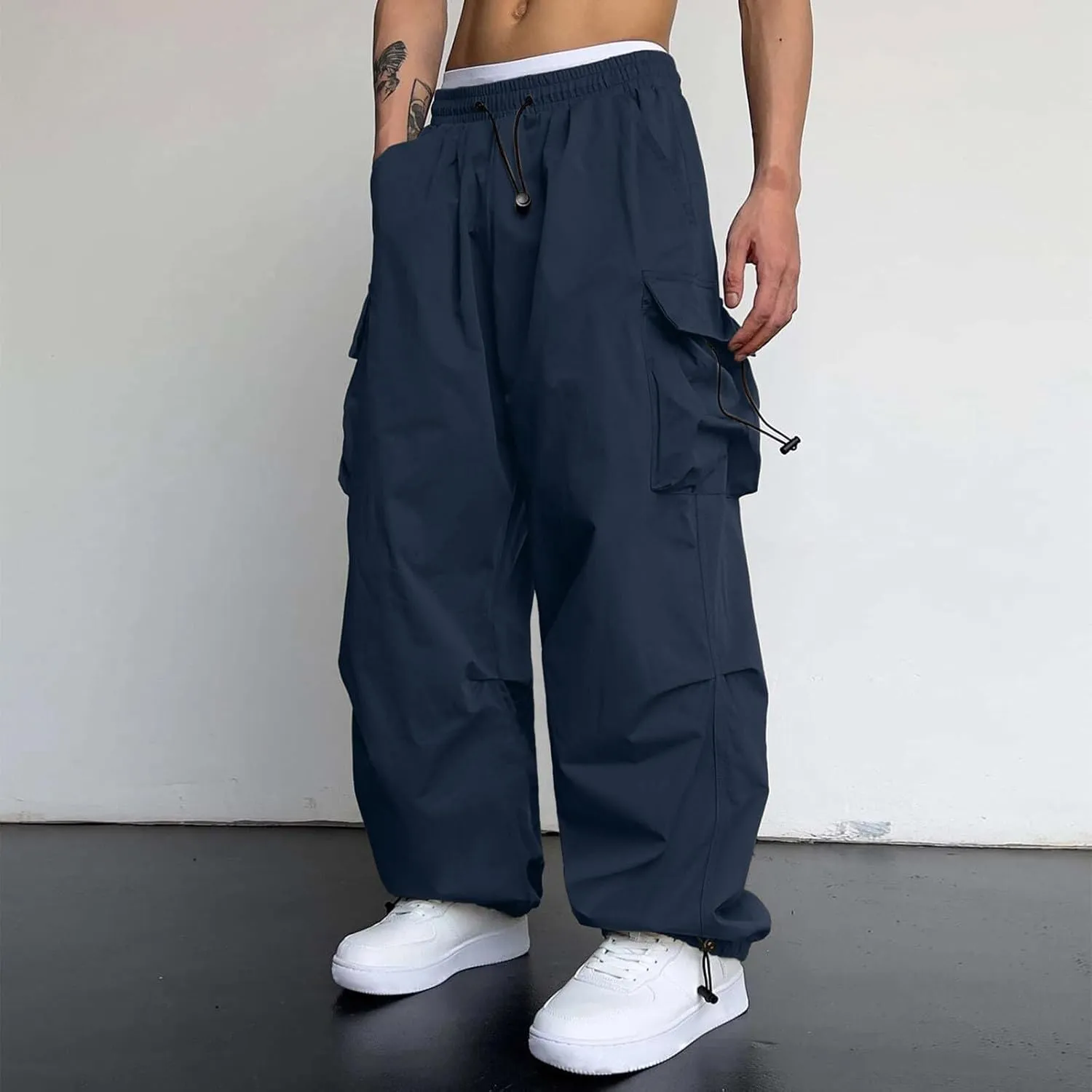 Cargo Pants Men Loose Fit Wide Leg Casual Joggers Elastic Waist Drawstring Outdoor Pants with Pockets