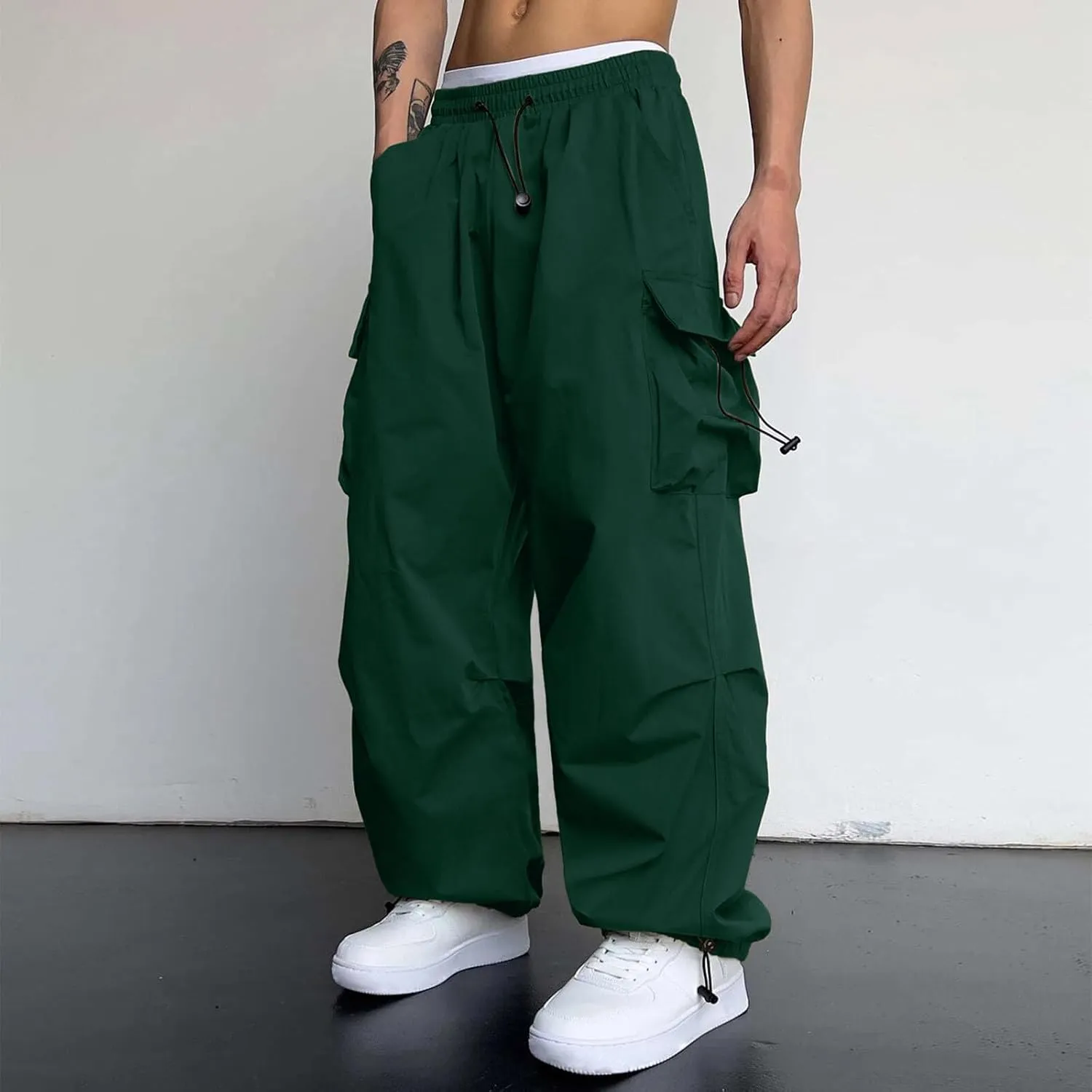 Cargo Pants Men Loose Fit Wide Leg Casual Joggers Elastic Waist Drawstring Outdoor Pants with Pockets