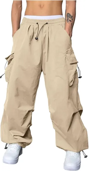Cargo Pants Men Loose Fit Wide Leg Casual Joggers Elastic Waist Drawstring Outdoor Pants with Pockets