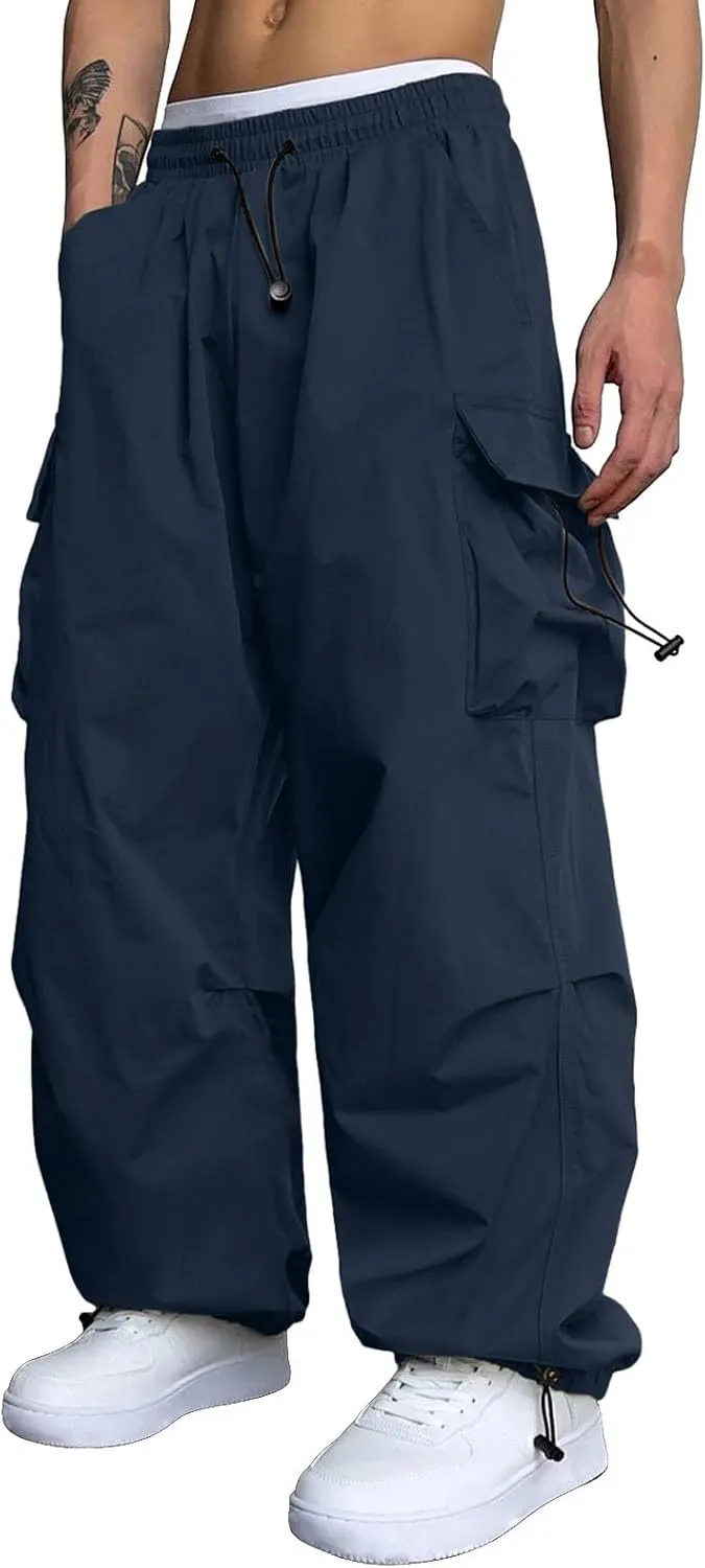Cargo Pants Men Loose Fit Wide Leg Casual Joggers Elastic Waist Drawstring Outdoor Pants with Pockets