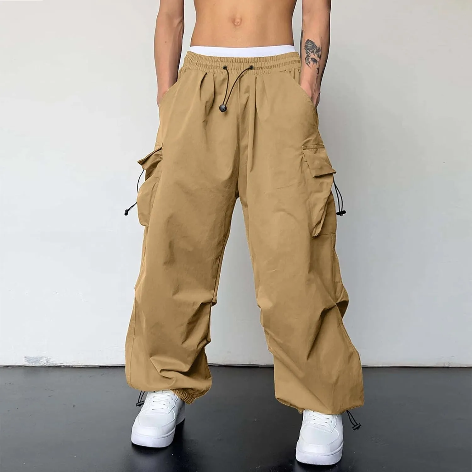 Cargo Pants Men Loose Fit Wide Leg Casual Joggers Elastic Waist Drawstring Outdoor Pants with Pockets