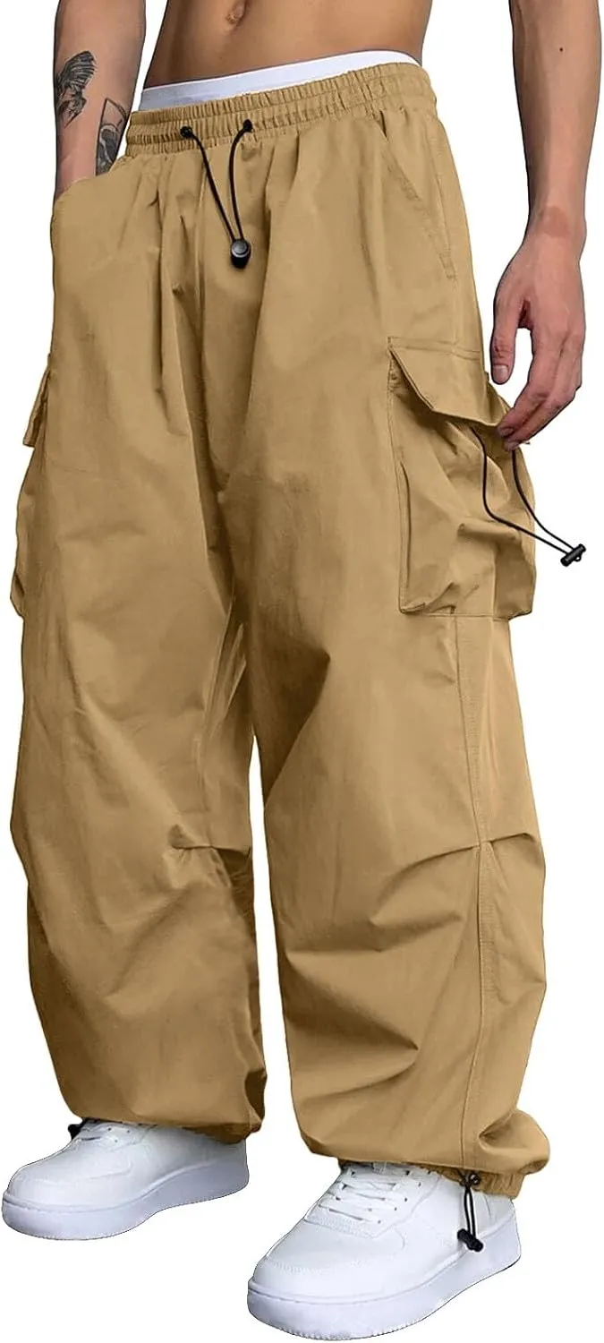 Cargo Pants Men Loose Fit Wide Leg Casual Joggers Elastic Waist Drawstring Outdoor Pants with Pockets
