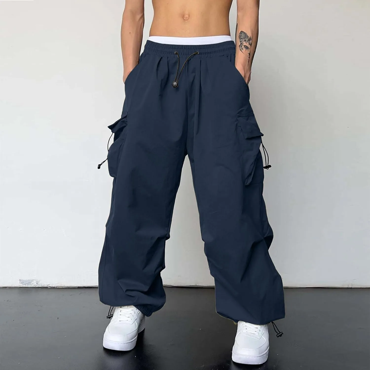 Cargo Pants Men Loose Fit Wide Leg Casual Joggers Elastic Waist Drawstring Outdoor Pants with Pockets