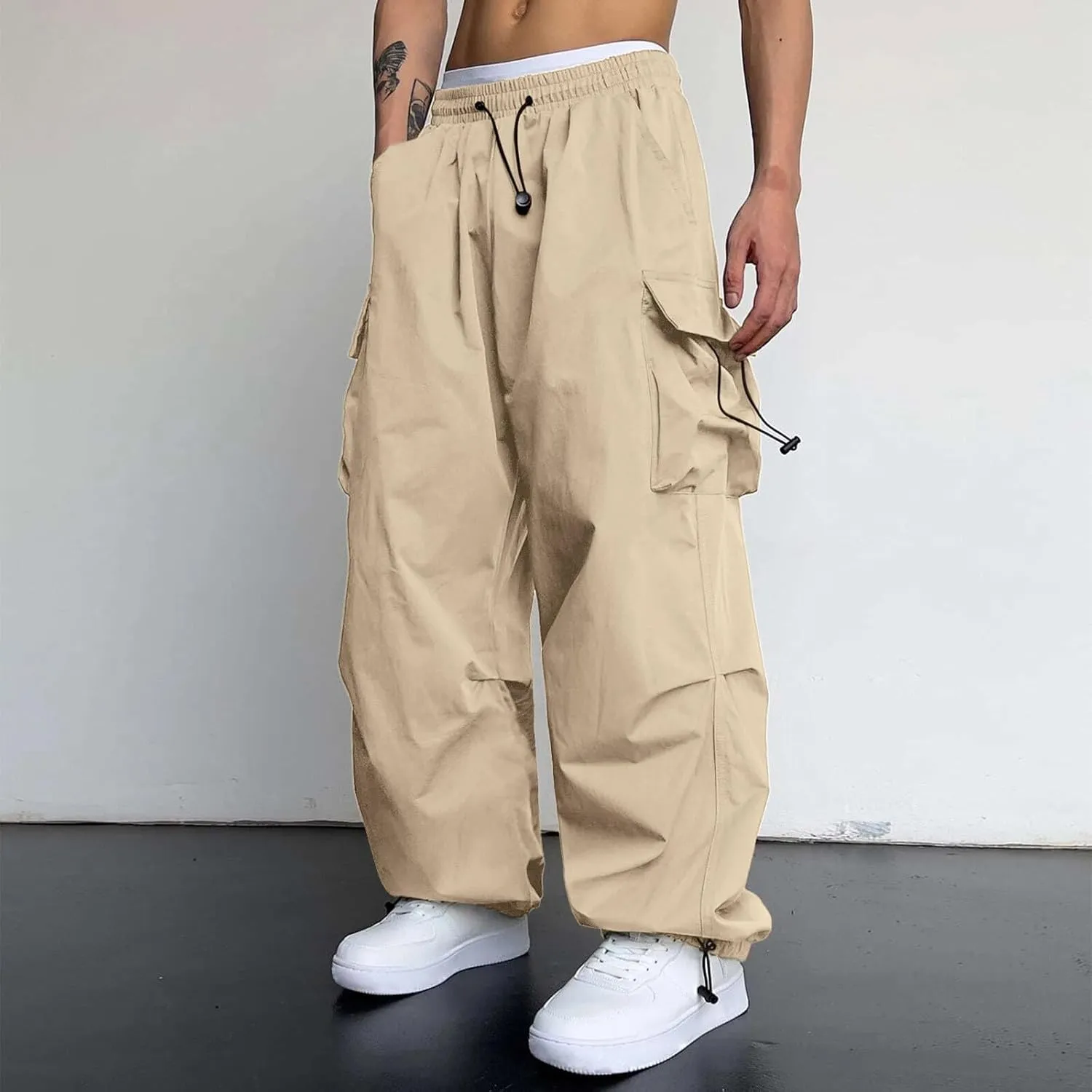 Cargo Pants Men Loose Fit Wide Leg Casual Joggers Elastic Waist Drawstring Outdoor Pants with Pockets
