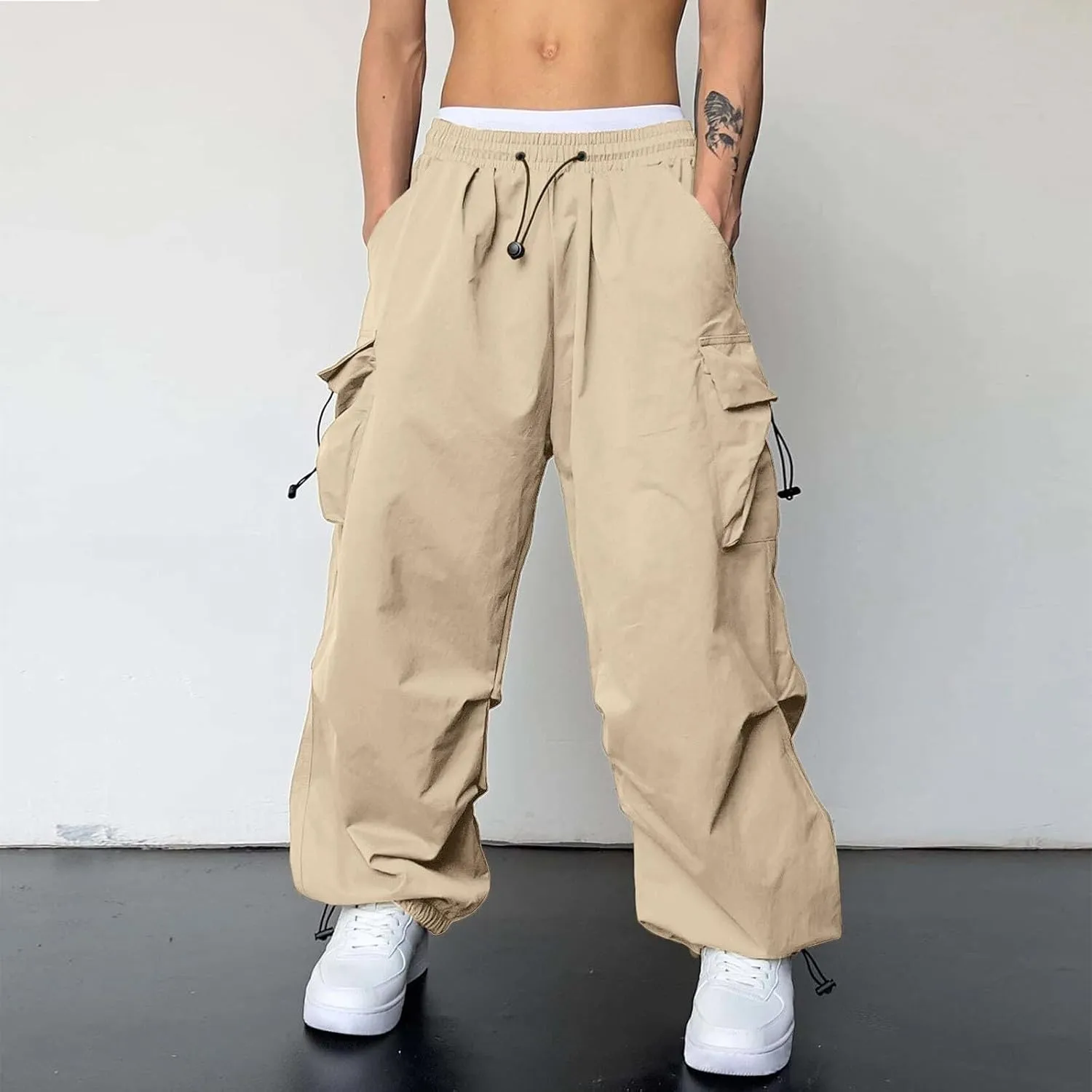 Cargo Pants Men Loose Fit Wide Leg Casual Joggers Elastic Waist Drawstring Outdoor Pants with Pockets