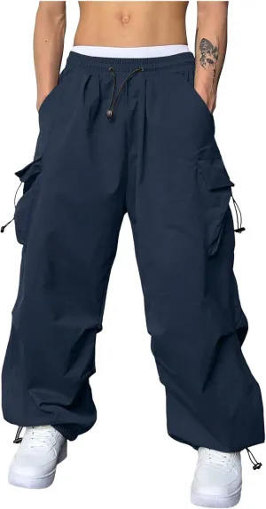 Cargo Pants Men Loose Fit Wide Leg Casual Joggers Elastic Waist Drawstring Outdoor Pants with Pockets